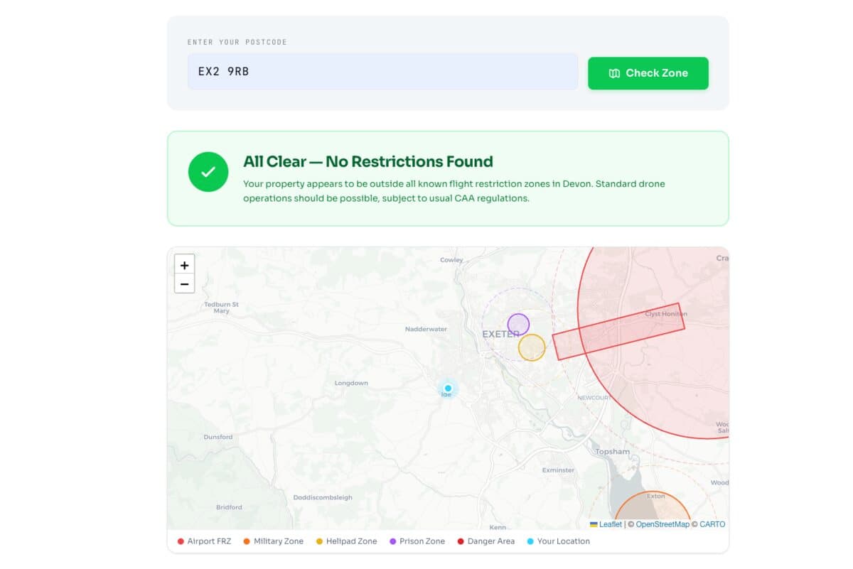 Drone fly zone checker showing restriction zones on an interactive map of Devon