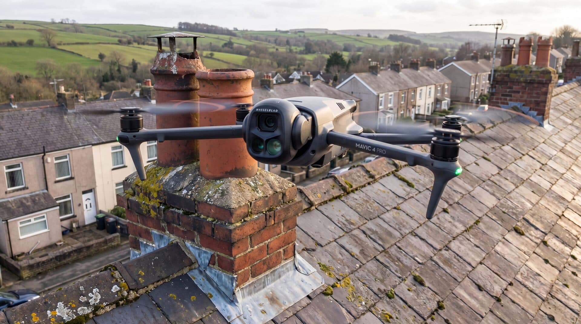 DJI Mavic 4 Pro surveying a chimney and rooftops